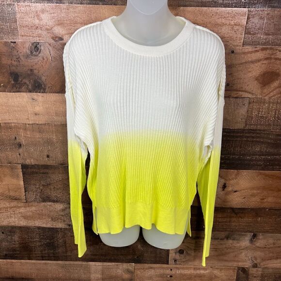 DKNY Ombre Sweater Crew Neck White Neon Yellow Green High Low Hem Large - Picture 11 of 14